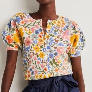 Boden Floral Puff-Sleeve Knit Top in White, Yellow, Pink, Blue, Green